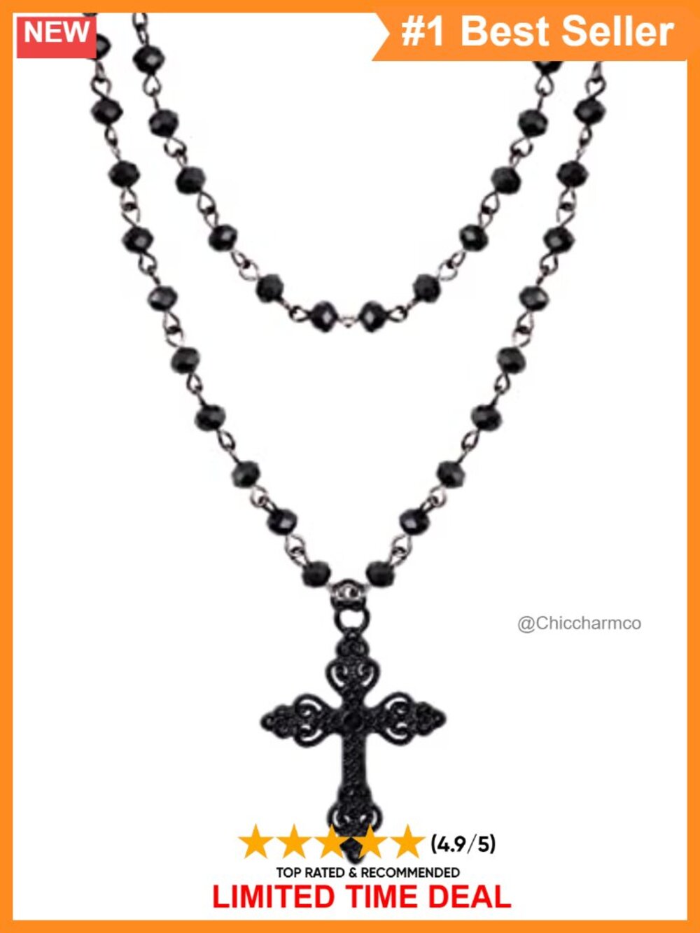 Layered Black Beaded Cross Choker Necklace Zinc Alloy Gothic